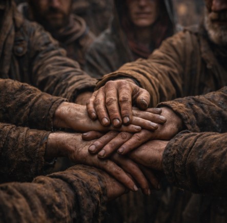 여러 사람의 손이 포개진 모습으로, 함께 정한 기준과 약속이 반복되며 공동체의 방식으로 자리 잡아가는 분위기를 담은 장면입니다.