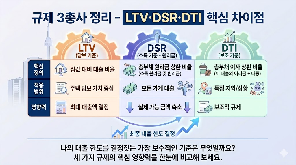 LTV, DSR, DTI의 정의와 핵심 차이점을 깔끔한 표와 아이콘으로 정리한 분석 이미지