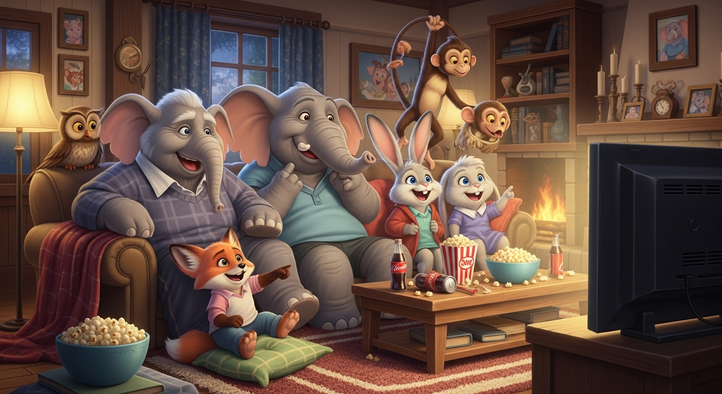 다양한 동물들이 아늑한 거실에서 함께 영화를 보며 웃고 있는 모습입니다. 주토피아의 통합과 다양성의 메시지를 담은 따뜻한 가족 영화의 분위기를 연출합니다.