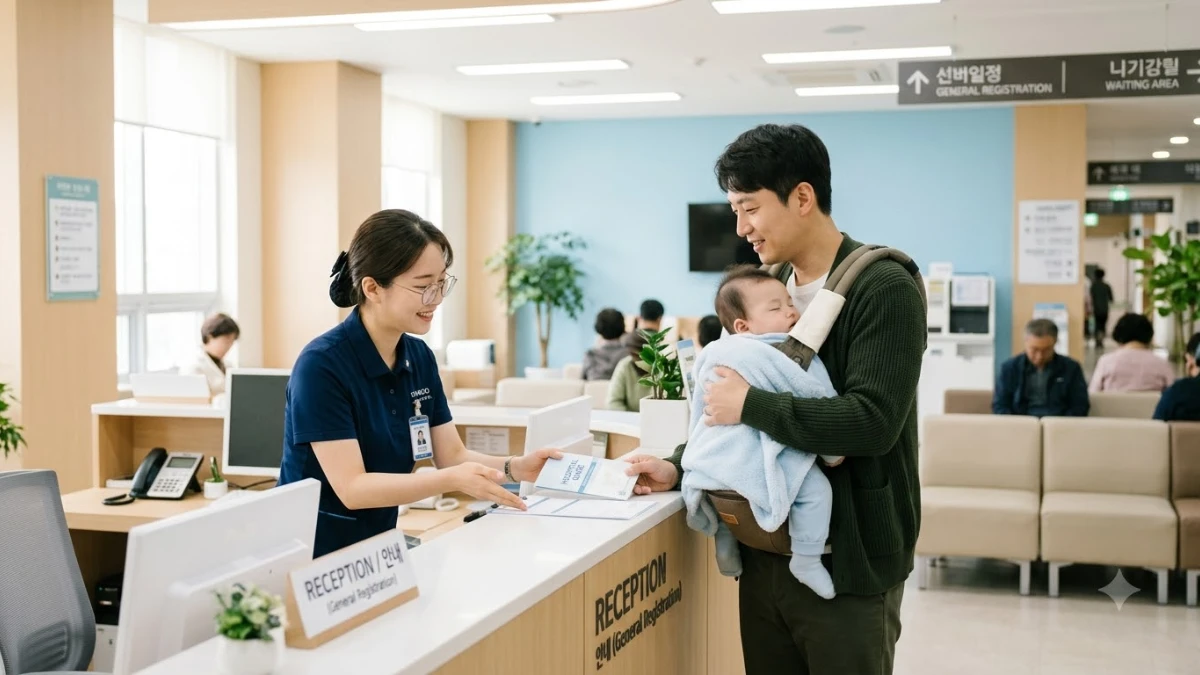 밝은 병원 접수창구 앞에서 한국인 아버지가 아기를 안고 서 있고, 창구 직원이 친절하게 안내하는 장면