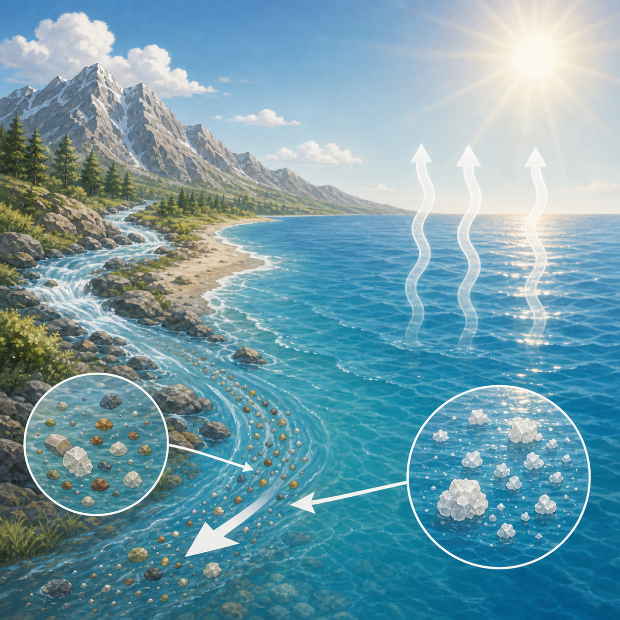 River carrying minerals to a salty ocean in an educational illustration