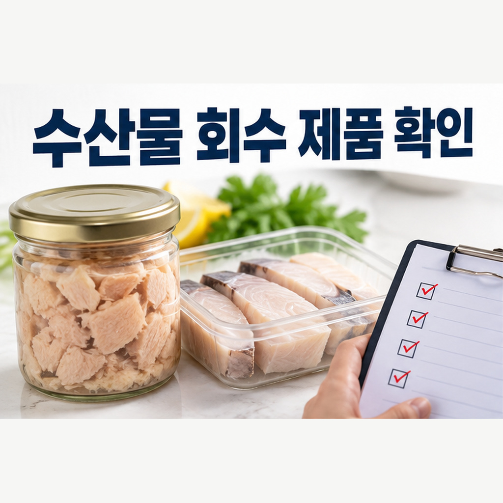 수산물 식품과 회수 제품 확인 문구, 점검표가 함께 놓인 장면