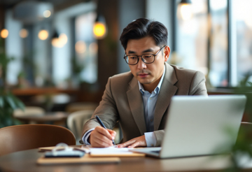 카페에 앉아서 노트북으로 육아휴직 사업주지원금 내용을 확인하고 메모하고 있는 사업주