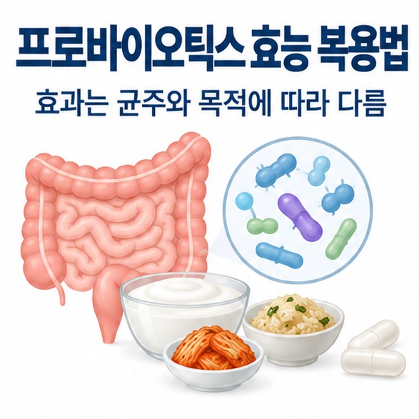 프로바이오틱스 효능 복용법이라는 제목과 장, 유익균, 요거트와 프로바이오틱스 캡슐을 함께 표현한 대표 이미지