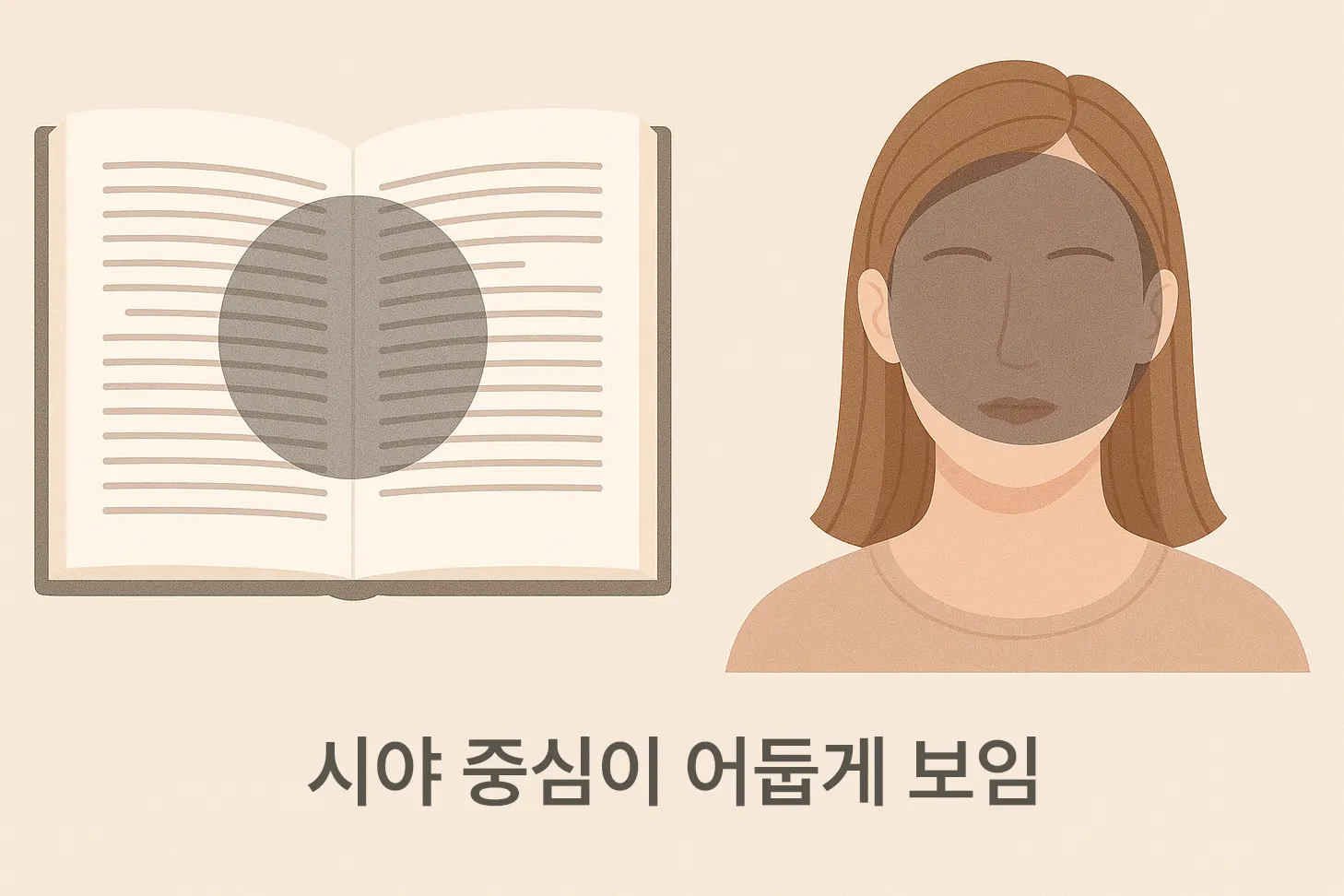 시야의 한가운데 동전 모양의 반투명 그림자가 드리워진 장면, 책을 읽을 때 중앙 글자가 가려진 모습, 사람의 얼굴을 볼 때 중앙 부분이 어둡게 보이는 시뮬레이션