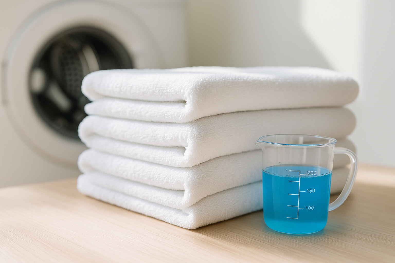 깨끗이 접은 흰 타월과 계량컵의 파란 세제, 세탁기 배경 — 빨래를 깨끗하게 하는 루틴을 상징