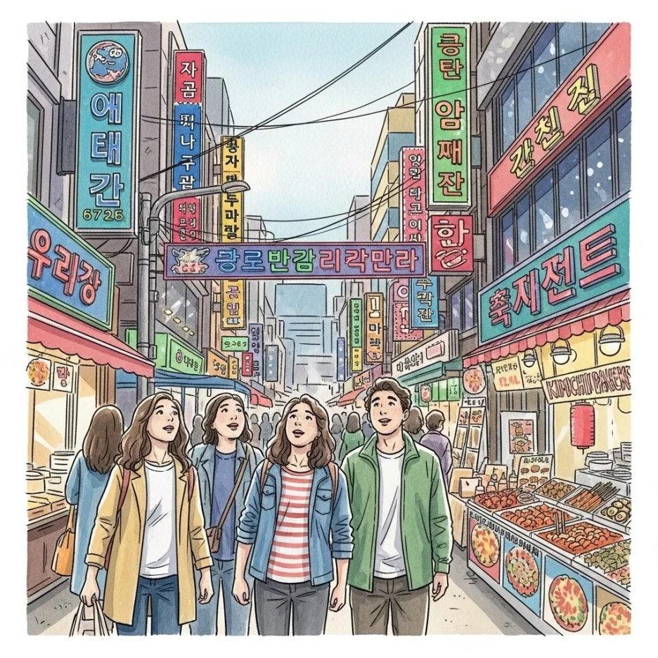 서울 명동 거리 활기찬 풍경 속 친구들.