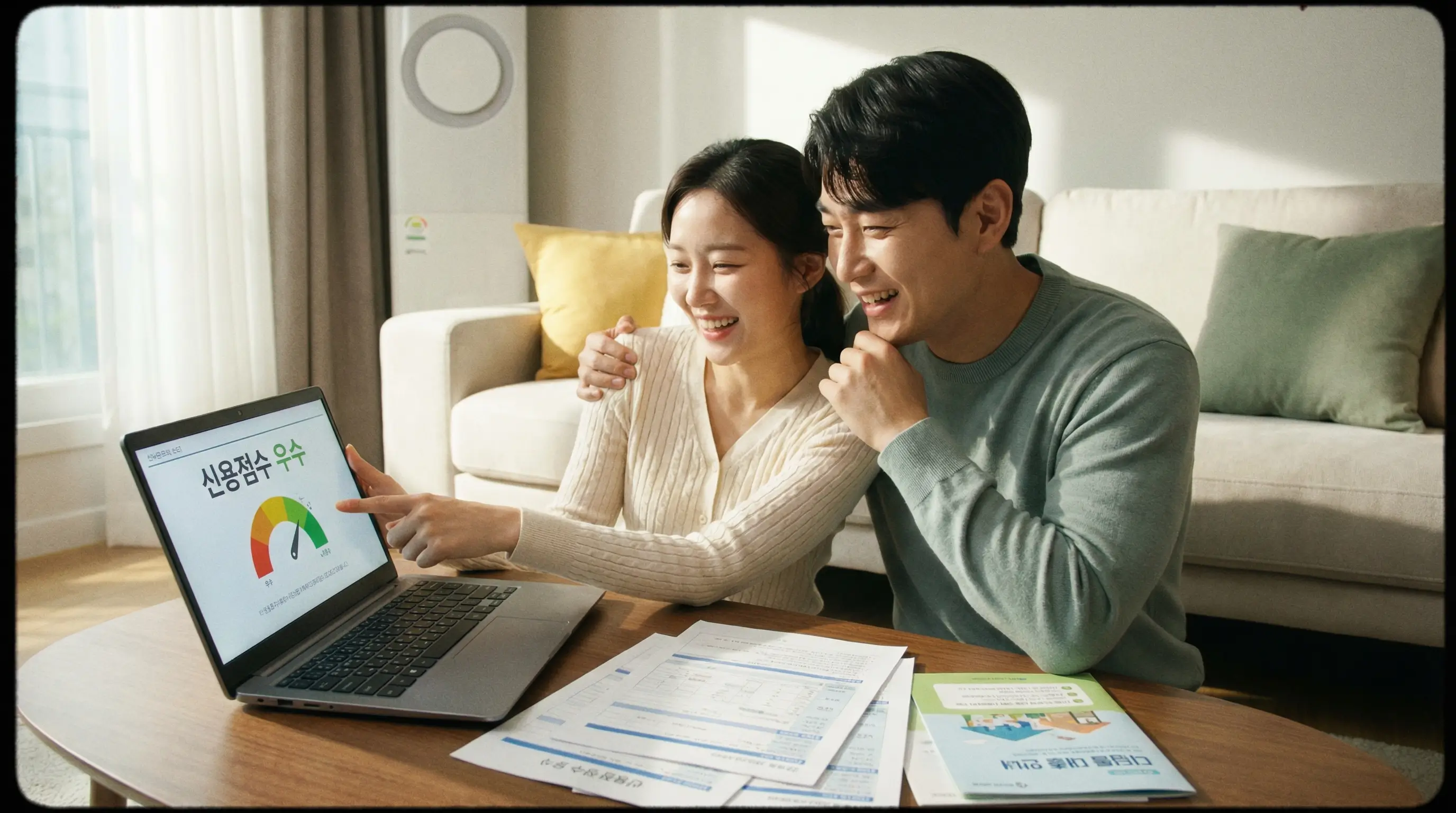 신혼부부가 디딤돌 대출 신청 전 배우자의 신용 정보를 확인하고 안도하는 모습