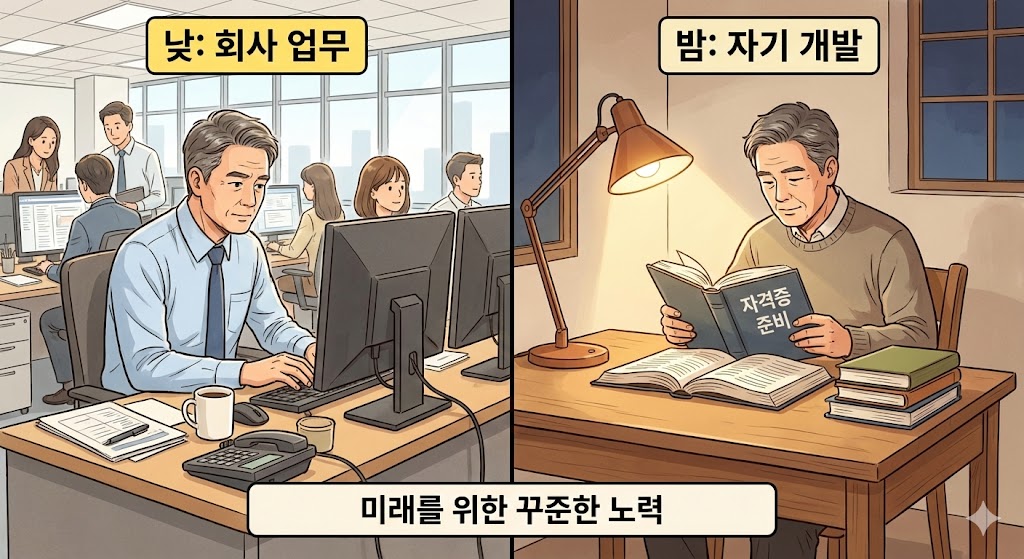 낮에는 회사원, 밤에는 자격증 공부를 하는 50대 가장의 열정적인 모습