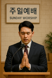 주일예배 대표기도 하는 성도 사진