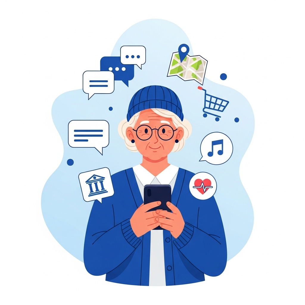 밝은 미소를 띤 시니어 여성이 스마트폰을 능숙하게 사용하는 모습. 주변에 카카오톡, 지도, 쇼핑, 음악, 은행, 건강 앱 아이콘이 떠다니며 디지털 생활의 편리함을 상징합니다.