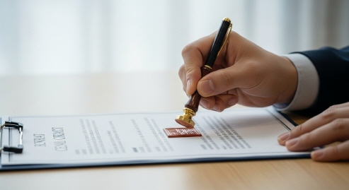 부동산 계약서에 도장을 찍는 손 클로즈업