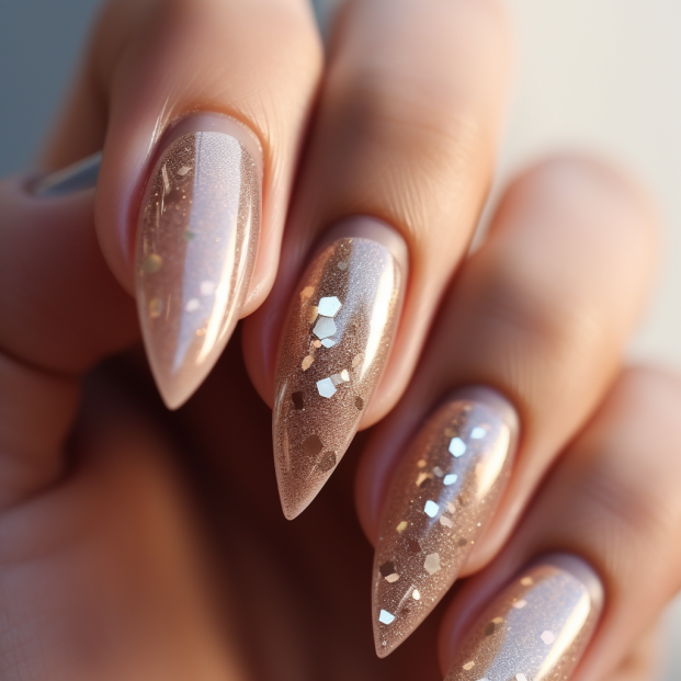 글리터 포인트 베이지색 스틸레토 모양 네일아트