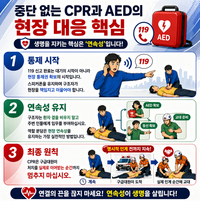119 신고 후 CPR과 AED 대응의 핵심 흐름과 연속성 유지 중요성 정리 인포그래픽