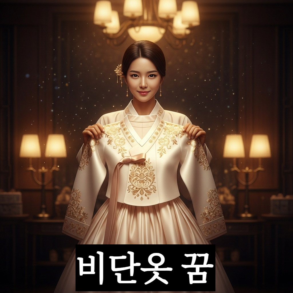 은은한 광택의 고급 비단 드레스를 선물 받고 기쁨과 자부심에 찬 미소를 짓고 있는 현대적인 한국 여성의 일러스트