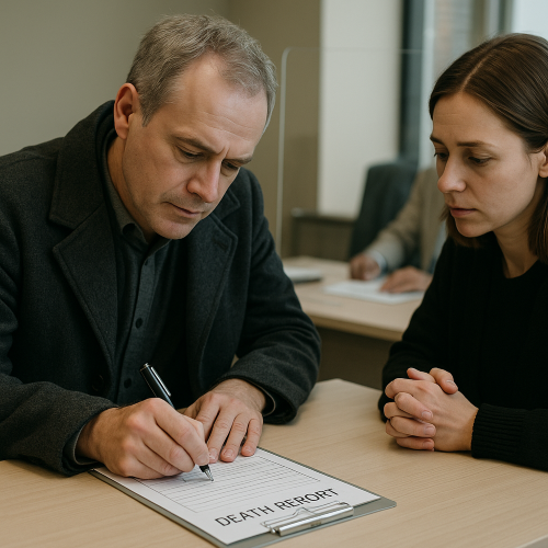 a family member filling out a death report