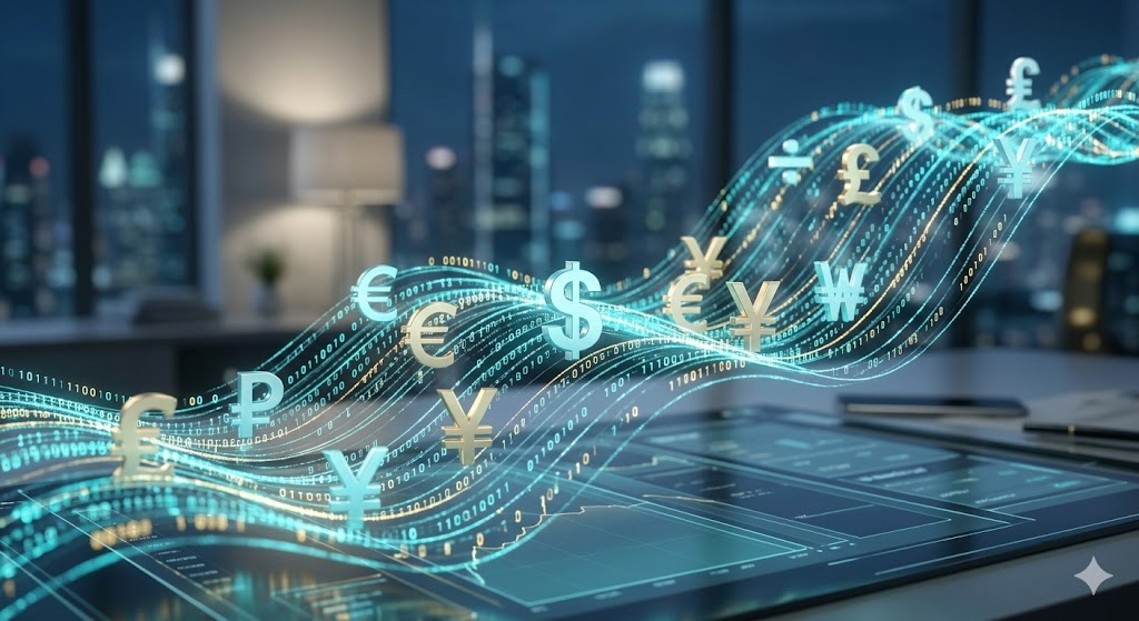 Close-up futuristic 3D financial visualization showing major global currency symbols—such as $, €, ¥, £, ₩—seamlessly integrated into a flowing river of glowing cyan and gold binary code and data points, symbolizing the synchronized tracking of inflation trends through global search intelligence and liquidity shifts across 13 major languages.