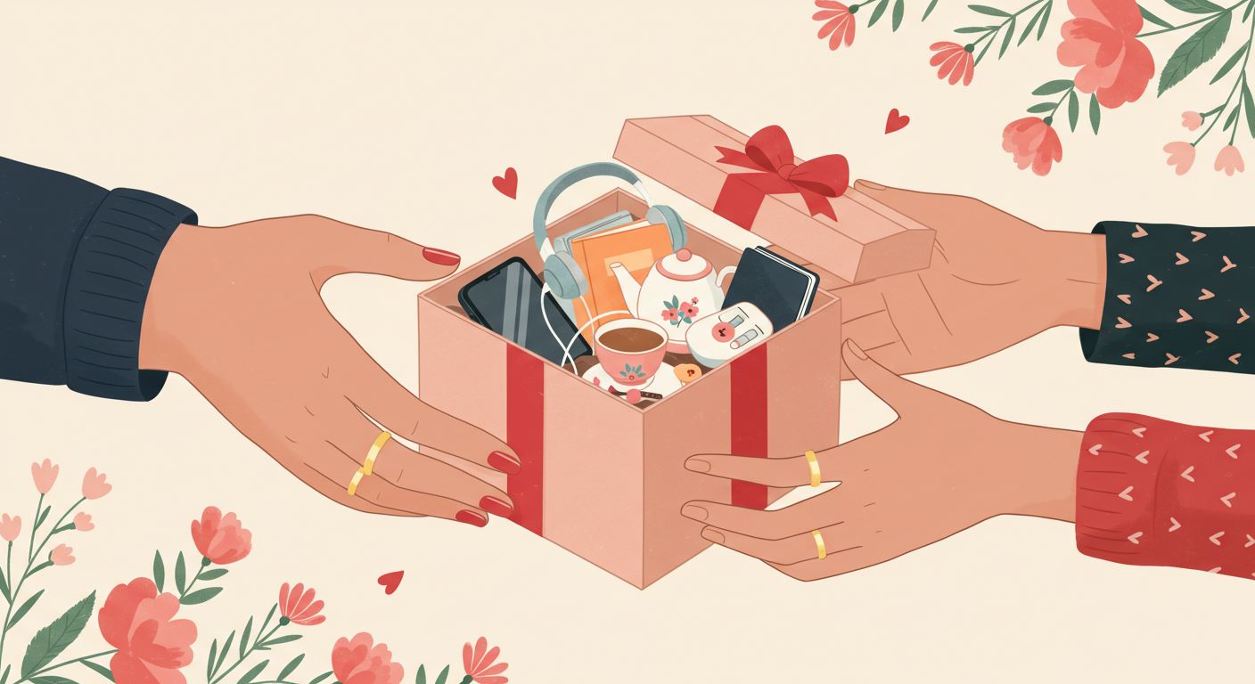 플랫 스타일로 그린 선물 상자를 주고받는 손, 안에는 테크 기기, 책, 티세트가 담겨 있고, 부드러운 꽃무늬가 배경에 깔린 감성 일러스트 – 40대 실용 선물, 감성 선물