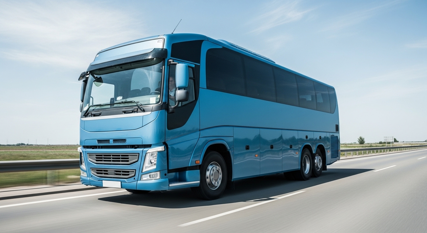 푸른 하늘 아래 깨끗한 도로를 달리는 파란색과 회색 대형 버스, 전문적이고 안전한 운전의 시작을 상징합니다.