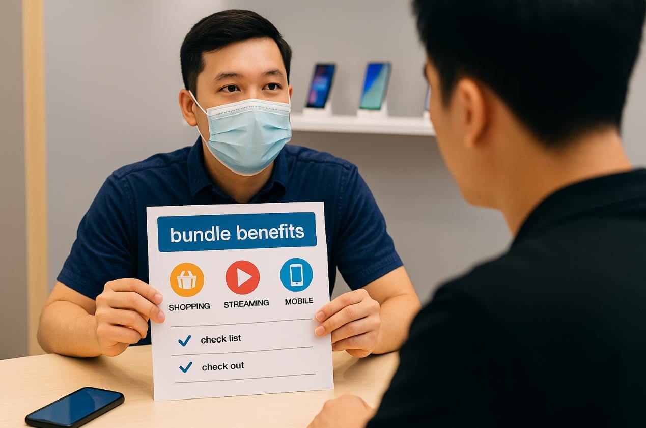 마스크 쓴 남성이 번들 혜택 안내판을 보여주고 있는 모습.