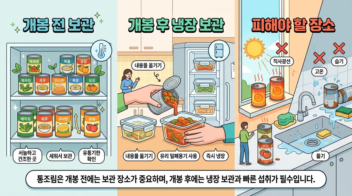 통조림 개봉 전 보관과 개봉 후 밀폐용기 냉장 보관을 비교한 이미지