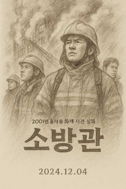2001년 홍제동 화재 실화를 바탕으로 한 영화 '소방관'의 스케치풍 포스터, 소방복을 입은 소방관들이 불타는 건물 앞에 결연한 표정으로 서 있는 모습