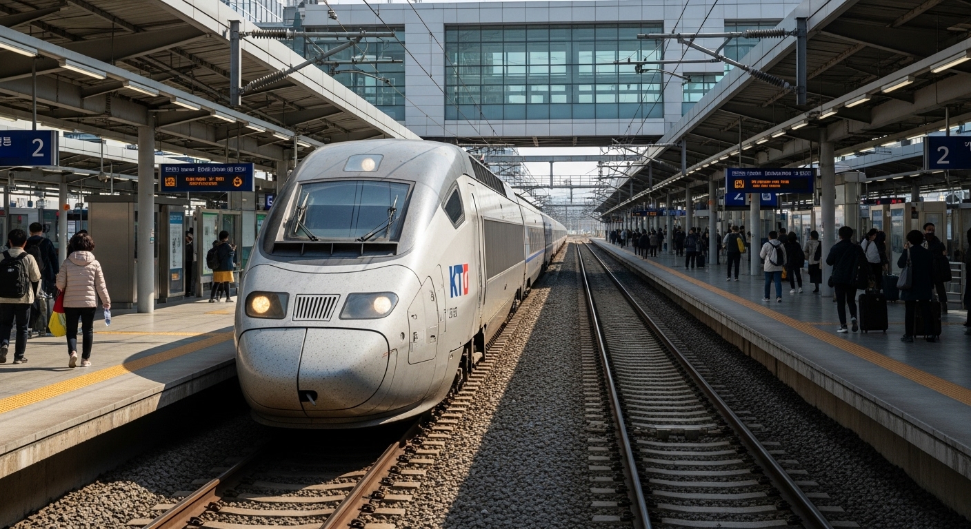 A KTX train arriving at the Gangneung Station platform.