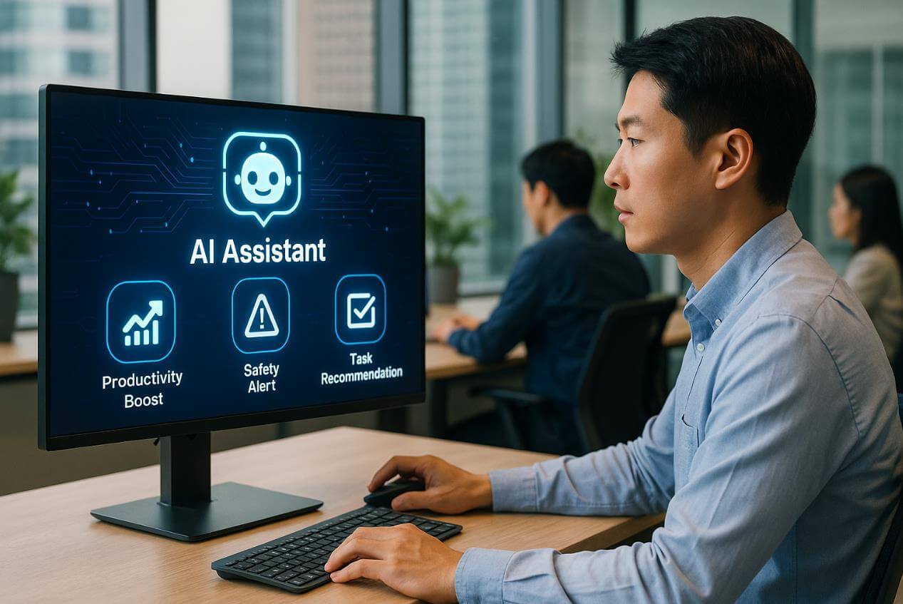 AI 도우미와 협업하는 사무실 직원 모습.