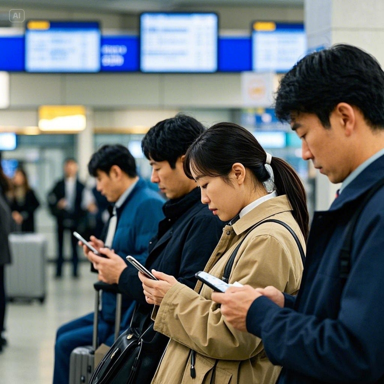 KTX 예매를 위해 코레일톡 앱을 사용하는 여행자의 모습, 스마트폰 화면이 강조된 실내 장면3