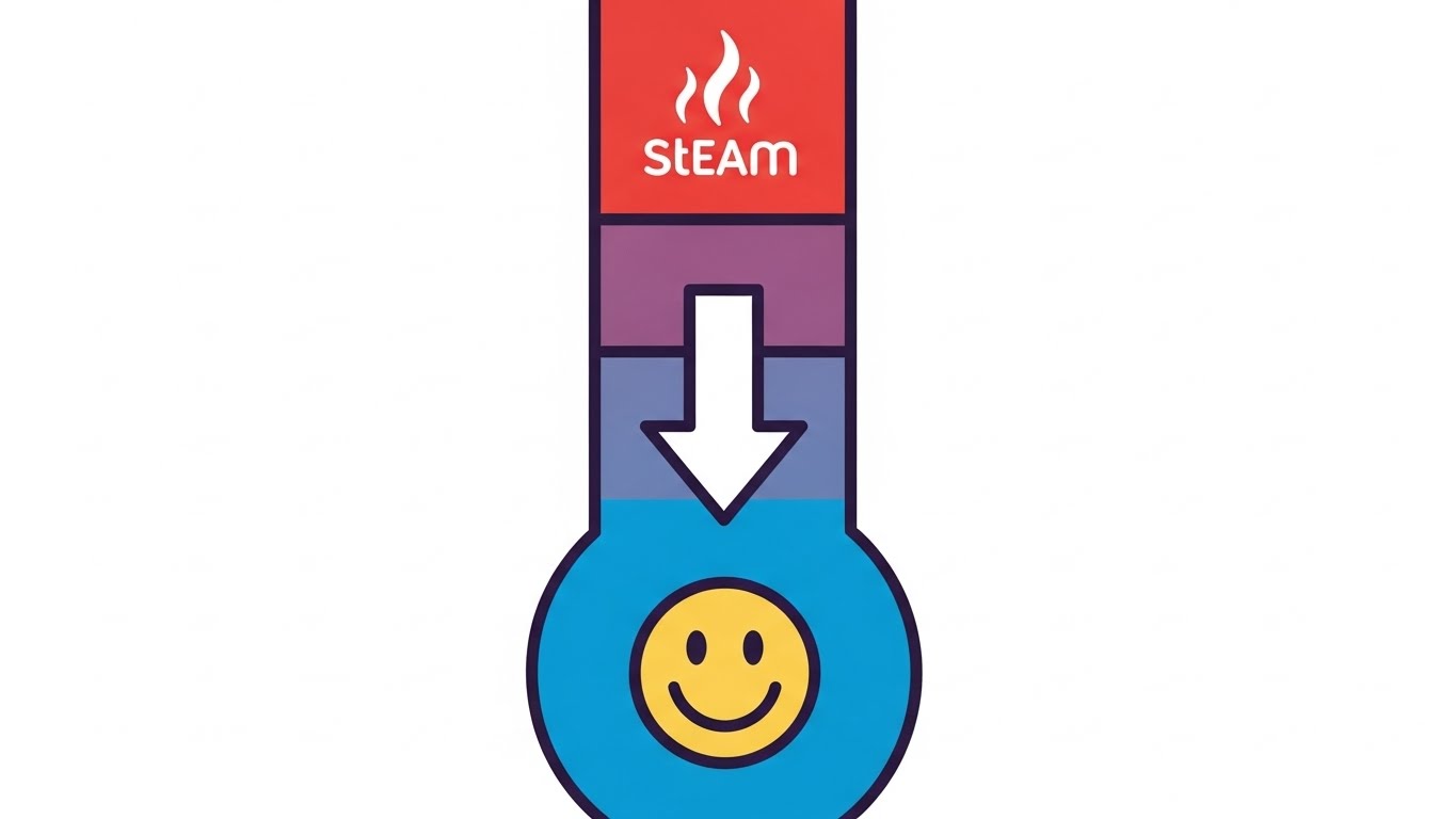 마음의 분노 온도를 뜨거운 상태에서 차분하고 평온한 상태로 낮추는 과정을 보여주는 온도계 그래픽