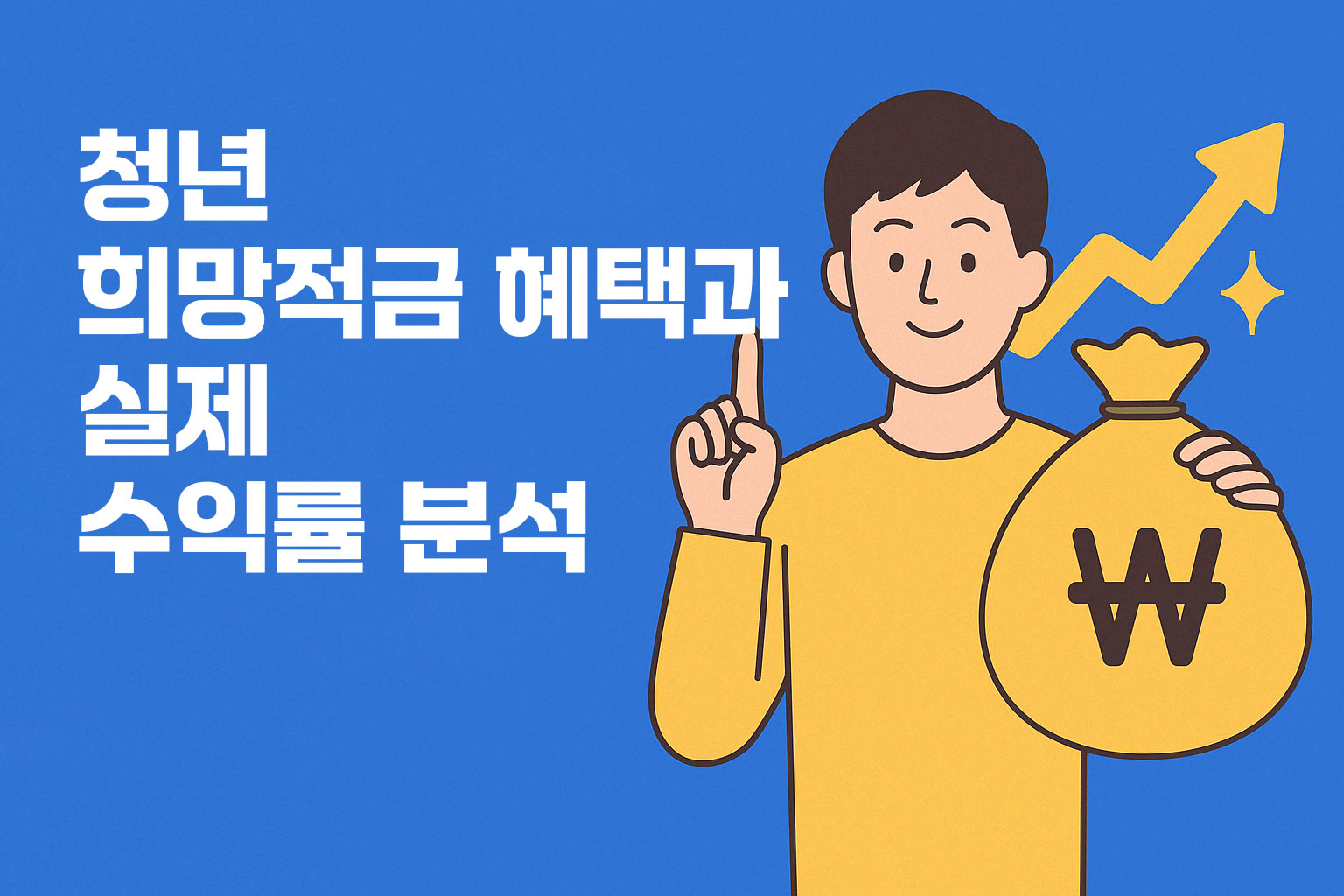 청년 희망적금 혜택과 실제 수익률 분석 - 파란 배경에 왼쪽은 텍스트, 오른쪽은 돈자루와 수익 상승 화살표를 든 청년 일러스트가 균형 있게 배치된 정보 이미지