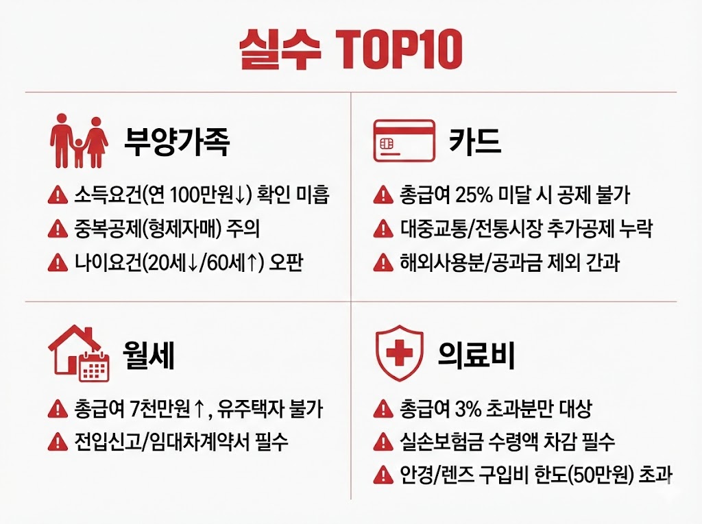 연말정산 실수 TOP10(부양가족&middot;카드&middot;월세&middot;의료비) &mdash; 환급 줄이는 &lsquo;진짜 원인&rsquo; 한 번에 정리