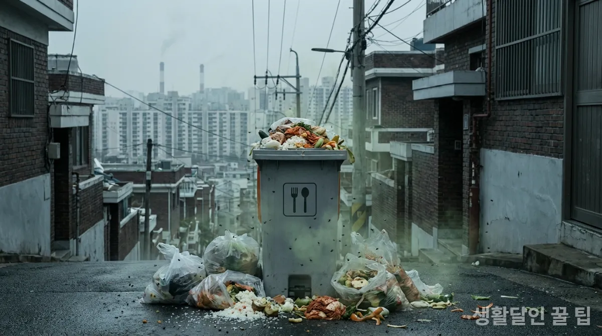 음식물 쓰레기로 인한 환경 오염을 상징하는 한국의 오염된 풍경