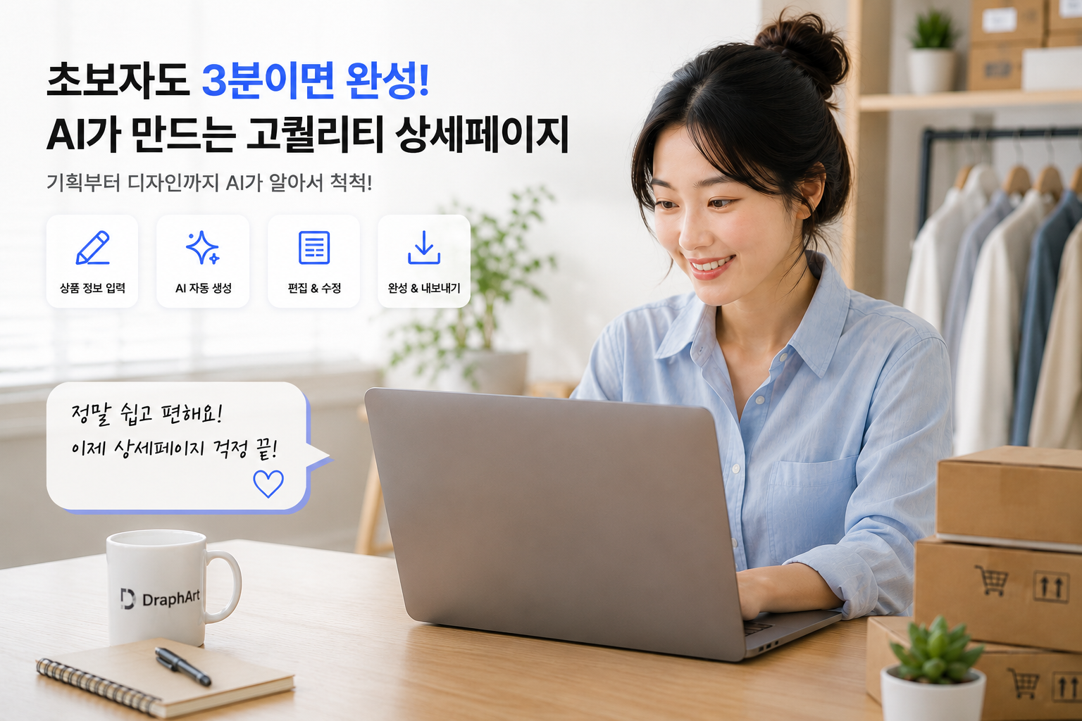 드랩아트는 초보자도 AI를 활용하여 3분이면 고퀄리티한 상세페이지를 만들 수 있다. 기획부터 디자인까지 알아서 척척!