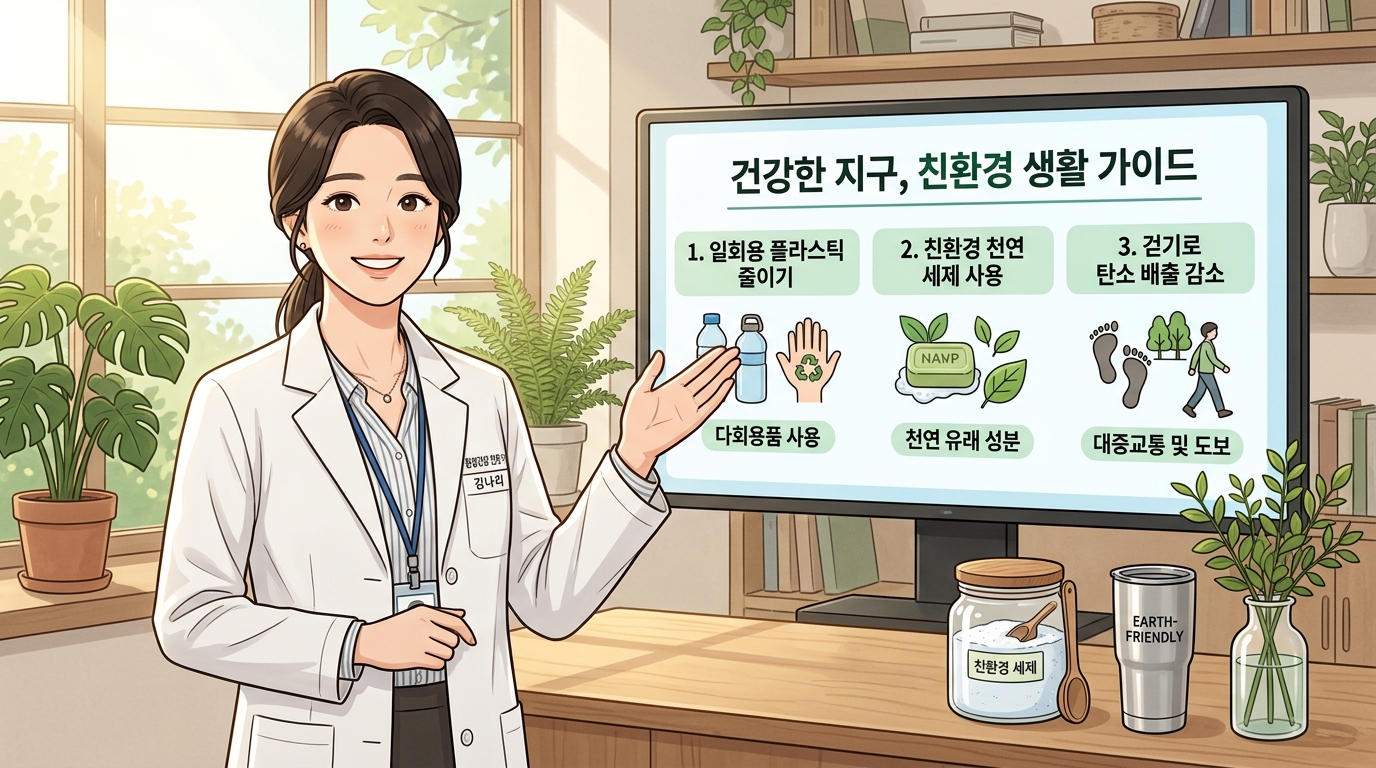 밝고 깨끗한 연구실 환경에서 환경 보건 전문가 선생님이 대형 디지털 화면을 가리키며 일회용 플라스틱 줄이기와 천연 세제 사용을 포함한 친환경 생활 수칙 가이드를 친절하게 설명하고 면역 세포막을 보호하는 건강한 지구생활 핵심 수칙을 독자에게 다정하게 알려주는 2D 일러스트 이미지.
