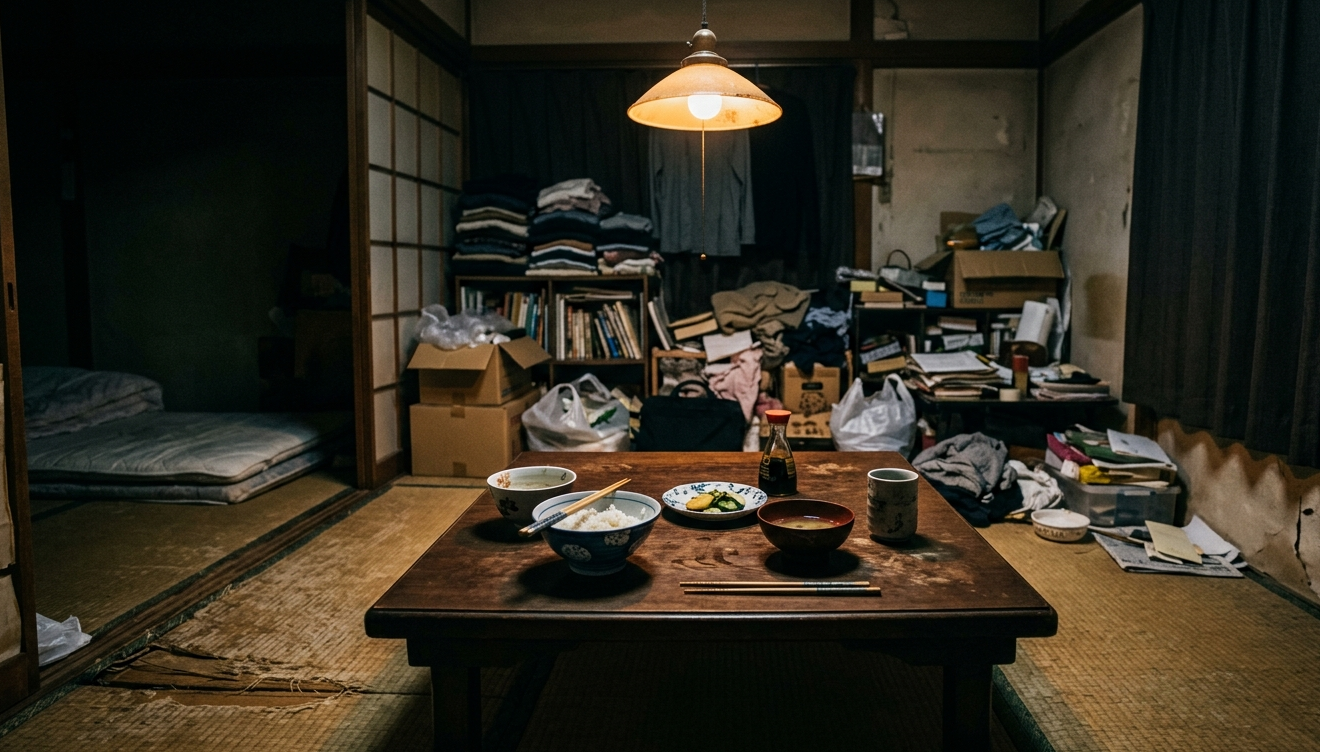 저녁 백열등 아래 낡은 다다미방, 먹다 남긴 그릇과 생활 짐들이 가득한 좁고 낡은 일본 주택 내부