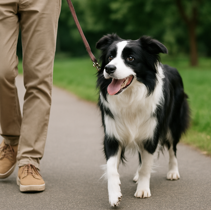 리드줄을 착용한 강아지 이미지