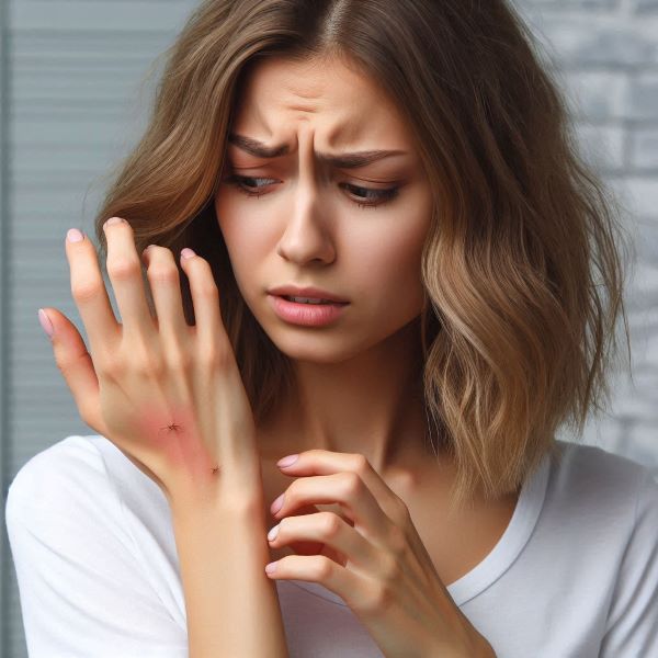 한쪽 손에만 알레르기 반응이 생겨 긁고 있는 여성