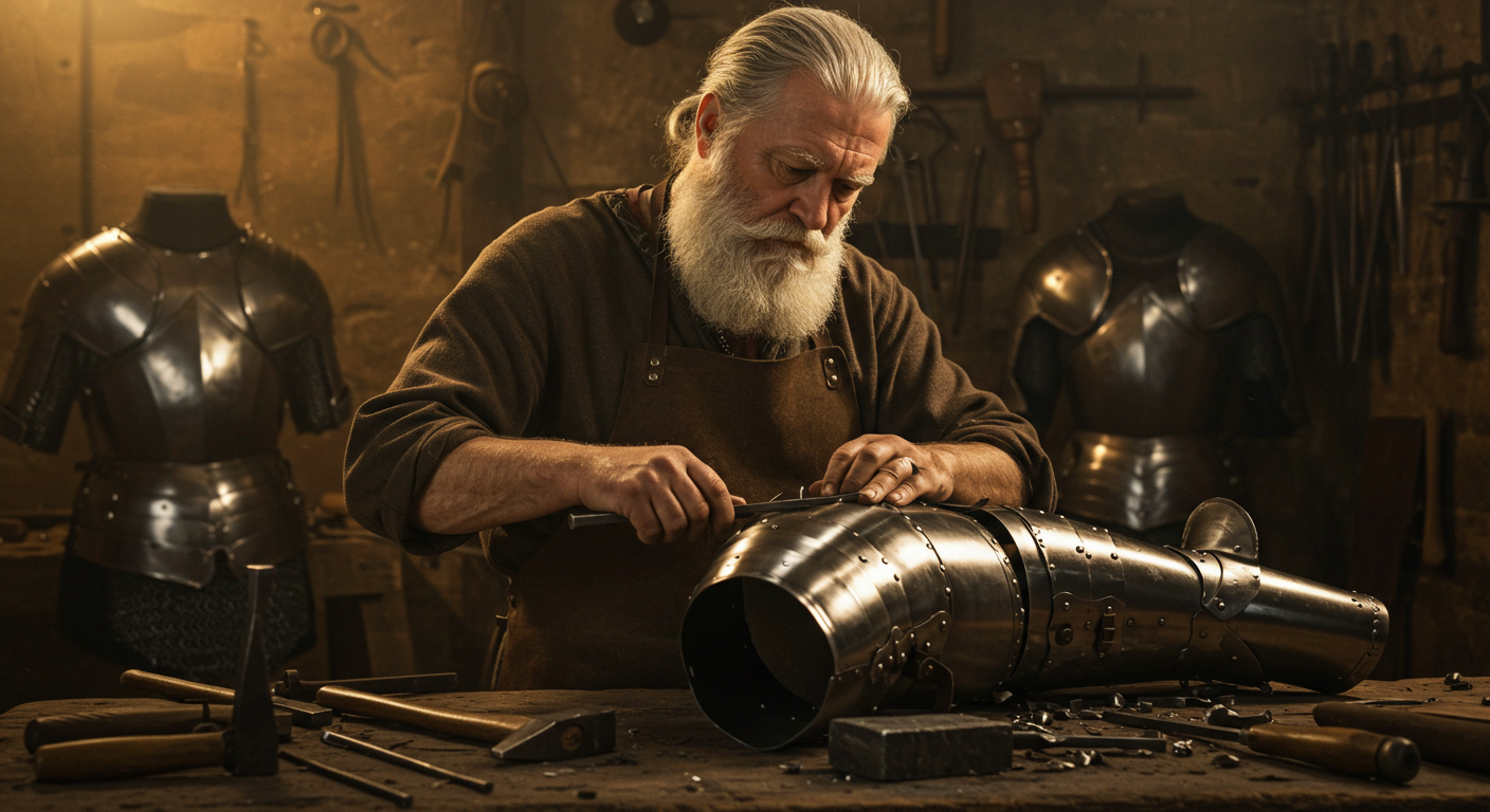 중세 유럽 봉건사회 갑옷 조각사 (Armorer)가 갑옷에 조각하고 있는 모습