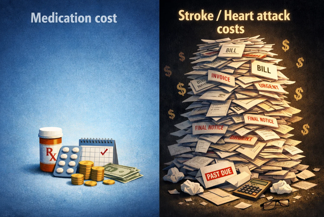 혈압약 비용과 뇌졸중&middot;심근경색 합병증 치료비를 대비한 의료비 구조 비교 이미지