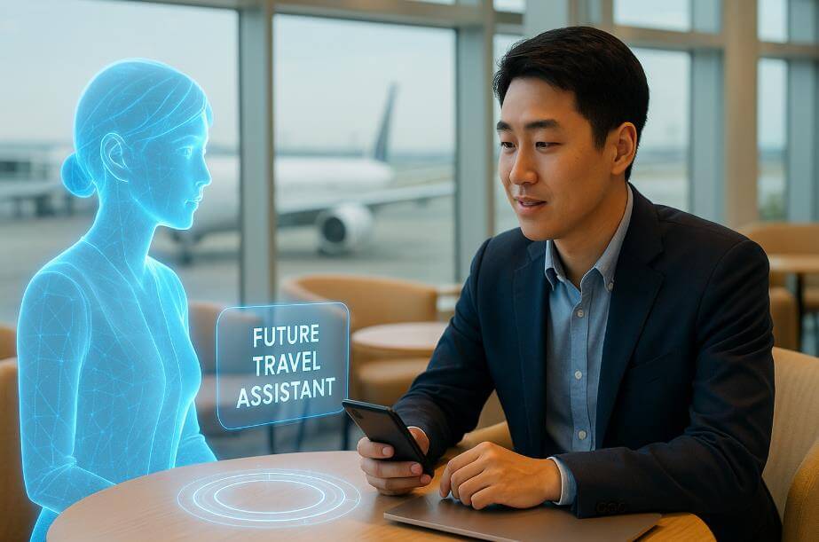 여행 라운지에서 AI 아바타와 여행 계획을 확인하는 장면