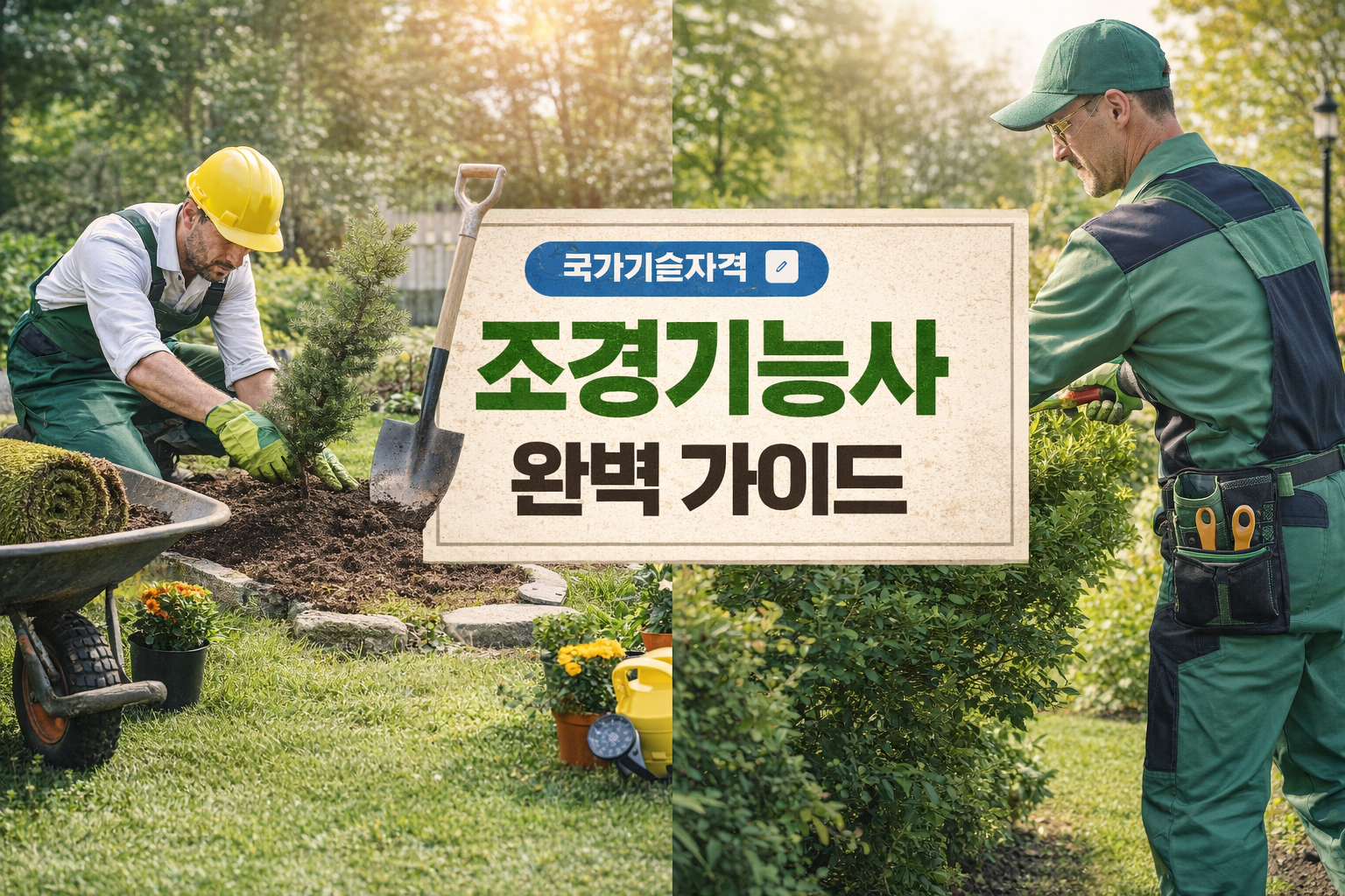 이미지 출처: AI 생성 이미지(콘텐츠 이해를 돕기 위한 시각 자료, 실제 인물을 특정하지 않은 AI 생성 이미지)
&ldquo;조경기능사 작업 현장 모습. 왼쪽에서는 작업자가 작은 소나무를 식재하고 있으며, 오른쪽에서는 다른 작업자가 관목을 전지가위로 다듬고 있다. 중앙에는 &lsquo;국가기술자격 조경기능사 완벽 가이드&rsquo;라는 안내 배너가 크게 배치된 조경 실무 현장 이미지.