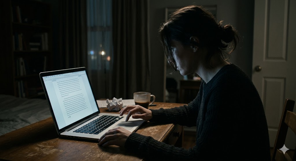 어둡고 조용한 방 안에서 희미하게 빛나는 노트북 모니터 화면과 타자를 치다 멈춘 텍스트 문구