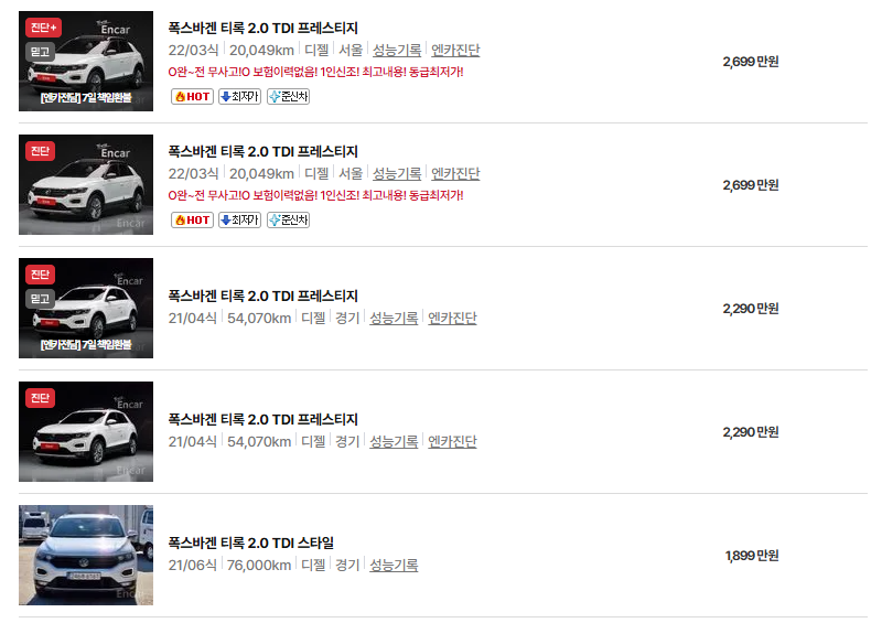 폭스바겐 티록 중고차 가격 시세표 연비