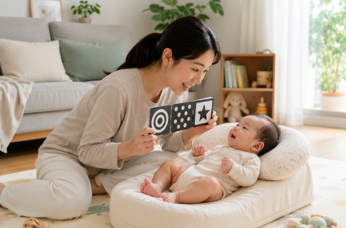 흑백 초점카드로 아기 시각 발달 놀이를 하는 엄마와 신생아