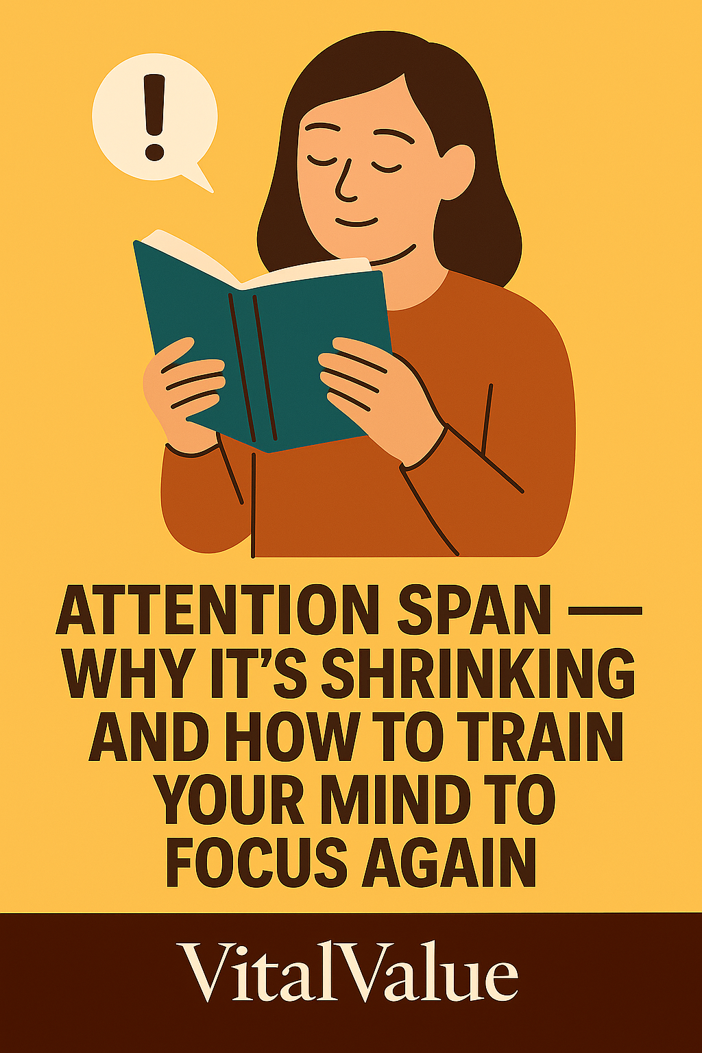 A flat-style VitalValue illustration showing a calm person reading a book with focus, symbolizing attention span recovery and mental training for better concentration &mdash; VITALVALUE.