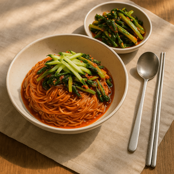 오이와 열무가 올라간 비빔국수와 열무김치 사진