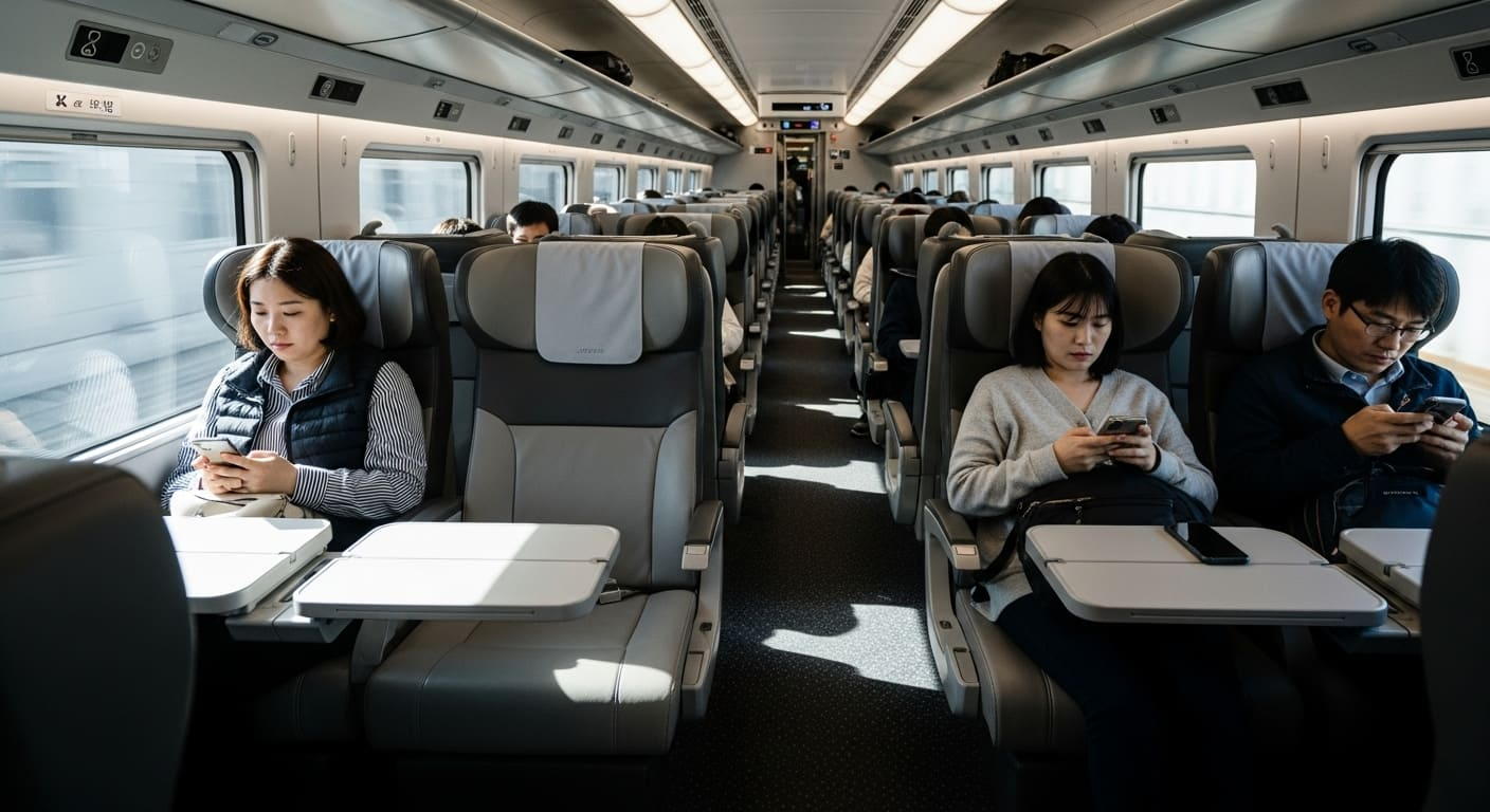 SRT 열차 내부 좌석에서 휴대폰을 사용하는 승객들