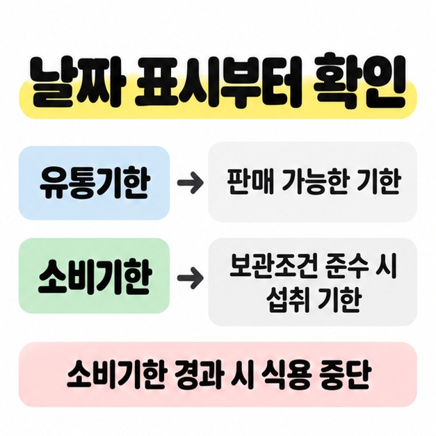유통기한은 판매 가능한 기한, 소비기한은 보관조건 준수 시 섭취 기한임을 비교하고 소비기한 경과 시 식용 중단을 안내한 도식