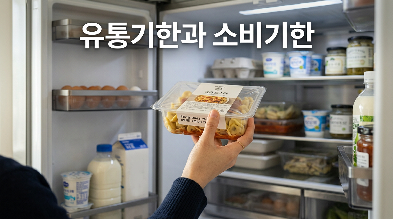 냉장고에서 식품 포장지의 유통기한과 소비기한 표시를 확인하는 모습